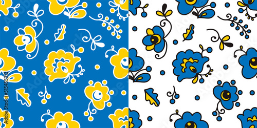 Set of seamless patterns with stylized yellow and blue ukrainian folk floral elements. Ethnic ornament based on national embroidery tradition. Can be used for decoration, surface and print design