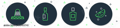 Set line Tabasco sauce, Tequila bottle, Mexican sombrero and Sliced lime icon. Vector