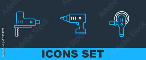 Set line Angle grinder, Electric jigsaw and cordless screwdriver icon. Vector