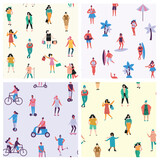 Seamless pattern with tiny people walking on street. Backdrop with men, women performing outdoor activity. Colorful vector illustration in flat style for wallpaper, fabric print.