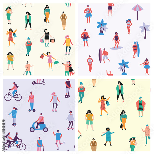 Seamless pattern with tiny people walking on street. Backdrop with men  women performing outdoor activity. Colorful vector illustration in flat style for wallpaper  fabric print.