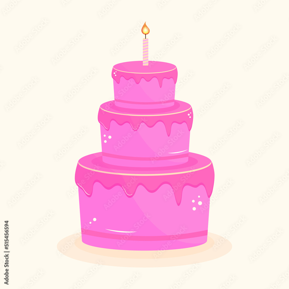Cake. flat pink three-tiered birthday cake with a lit candle Cake. flat pink three-tiered birthday cake with a lit candle