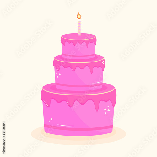 Cake. flat pink three-tiered birthday cake with a lit candle