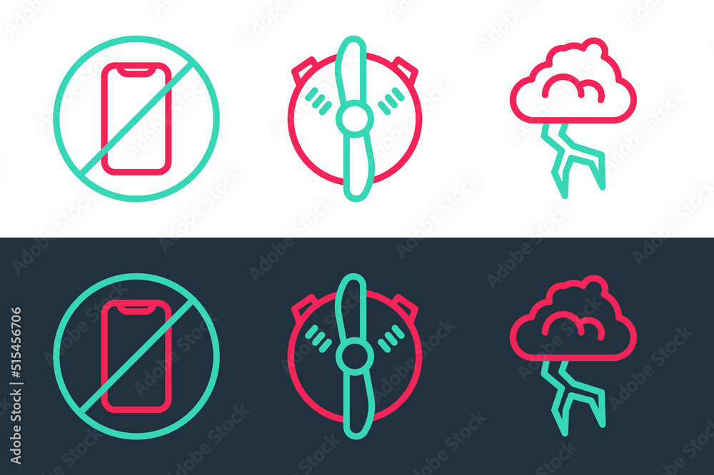 Set line Storm, No cell phone and Plane propeller icon. Vector Set line Storm, No cell phone and Plane propeller icon. Vector