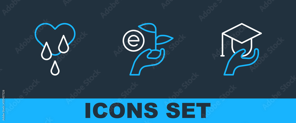 Set line Education grant, Blood donation and Leaf in hand icon. Vector Set line Education grant, Blood donation and Leaf in hand icon. Vector