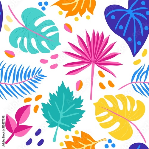 Seamless print for fabric  wallpaper with multicolored tropical leaves and color spots on a white background. Natural pattern in vector.