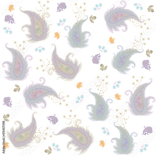 Light pleasant pattern for flying dresses. Seamless ornament with paisley  leaves  stars and flowers on a white background in vector.