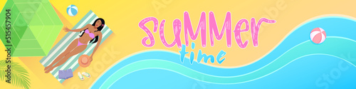 Girl on the beach in a swimsuit, top view. Holidays at the resort, the sea, the inscription "Summer time". Vacation vector illustration
