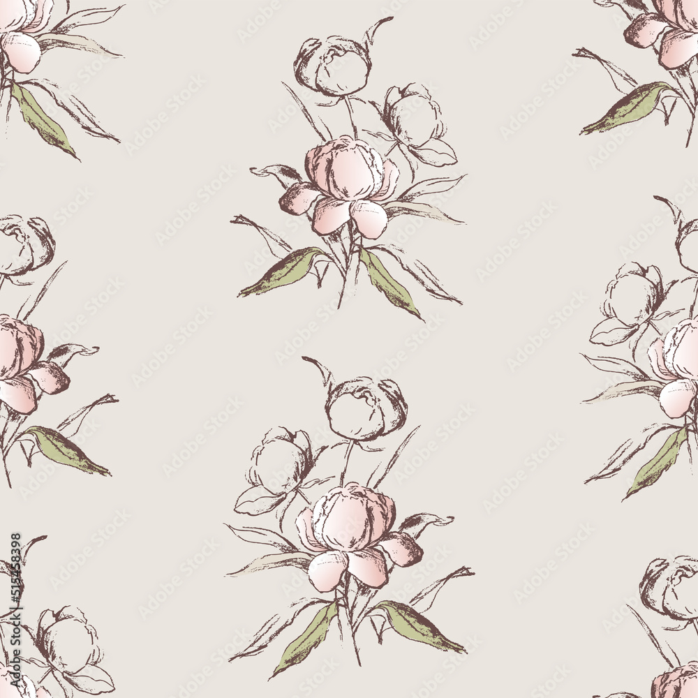Seamless background of peonies bunch sketches