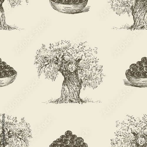 Seamless background of olive trees and ripe olives sketches