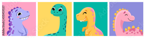 Set of cute dinosaurs posters for baby print design or nursery poster. Vector cartoon illustration