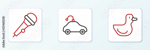 Set line Rubber duck, Microphone and Radio controlled car toy icon. Vector