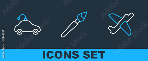 Set line Toy plane, Radio controlled car toy and Paint brush icon. Vector
