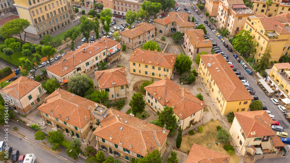 Aerial view of buildings in Garbatella district, Rome, Italy. It is a residential area of ​​the city.
