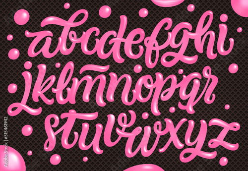 Bubble Gum Alphabet Set. Pink Font Isolated on White Background. Hand Lettering for Designs: Logo, Packaging, Pack of Gum, Card, etc. Vector. Sugar kids illustration.	