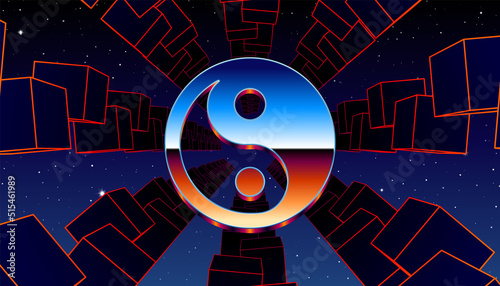 Synthwave frame with chrome Yin Yang sign and 80s styled synthwave arcade game landscape.