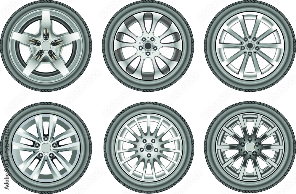set of Realistic sports style alloy car tires isolated on white background. art illustration.