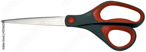 red black closed scissors on white paper background, with PS path