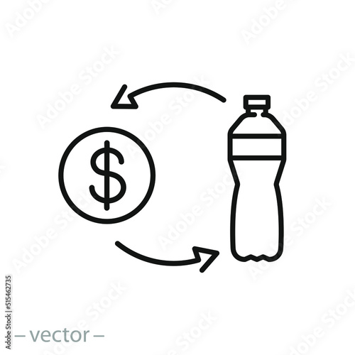 cash back on plastic, deposit bottle icon, returning money, thin line symbol on white background - editable stroke vector illustration