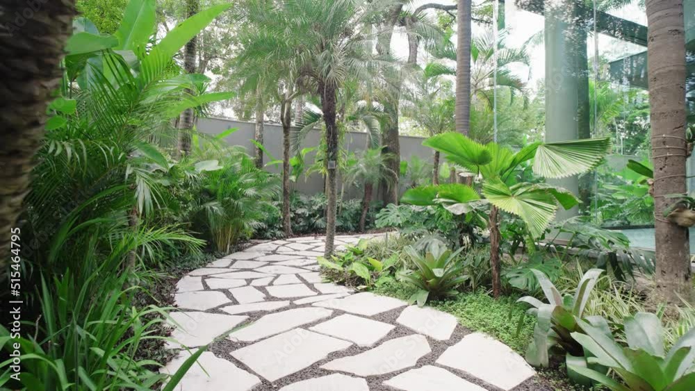 Establishing shot of beautiful landscape near modern house  with walkway, trees, bushes. Dolly in. Moving forward
