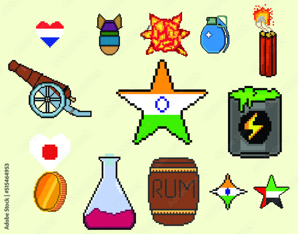 8 bit Pixel art game icon set. ui elements pixel set. game world and ...