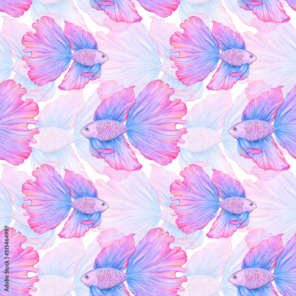 Betta splendens seamless pattern. Hand drawn illustration. Fighting fish. Blue and pink. Color sketch. Colored pencil drawing.