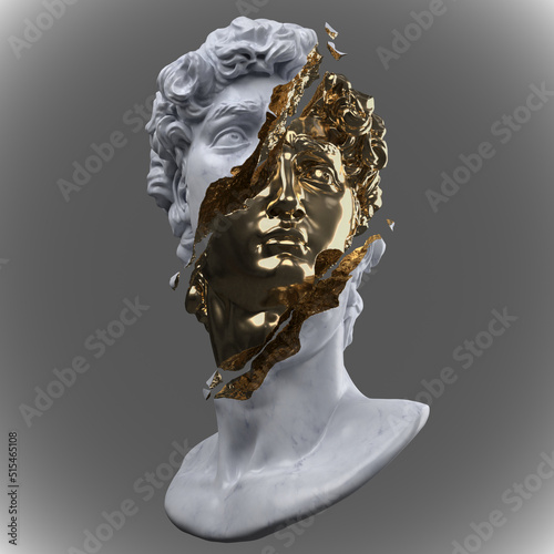 Abstract illustration from 3D rendering of a gold and white marble bust of male classical sculpture broken in three pieces and tiny fragments isolated on gray background.