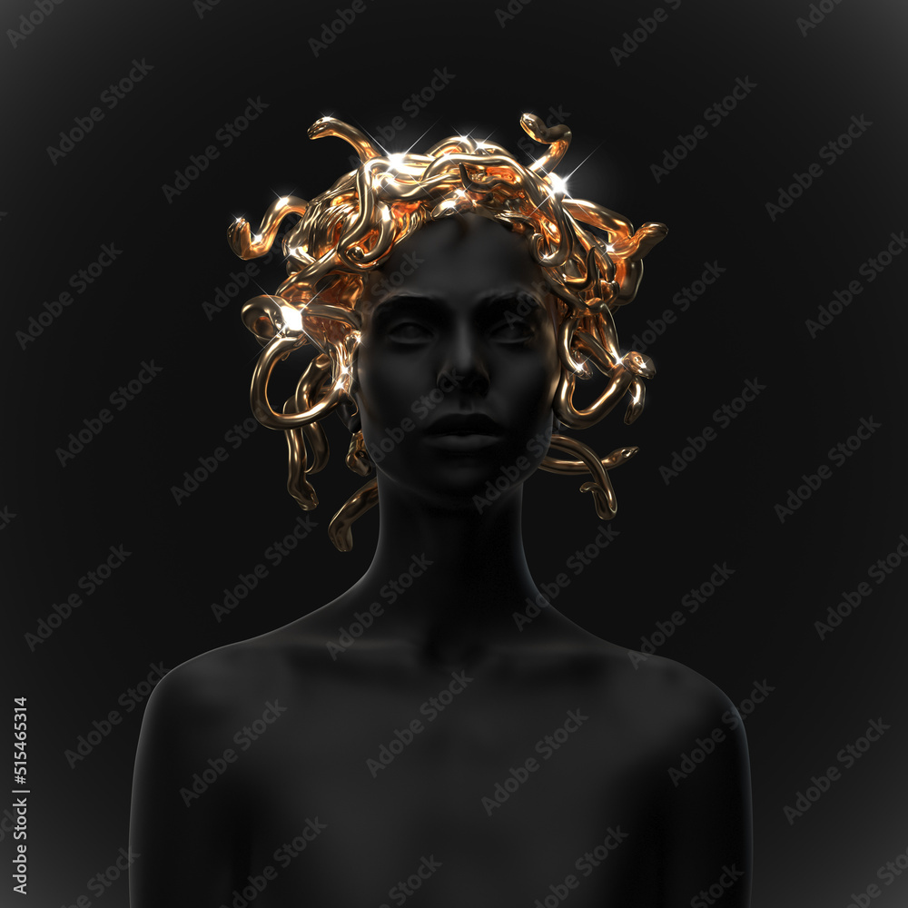 Abstract illustration from 3D rendering of black female frontal figure with golden shiny medusa snakes headpiece isolated on background in dark art style. Abstract illustration from 3D rendering of black female frontal figure with golden shiny medusa snakes headpiece isolated on background in dark art style.