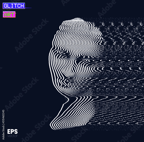 Glitch Art. Vector corrupted graphics illustration from 3D rendering of female classical head sculpture in oscillator white line halftone style on black background.