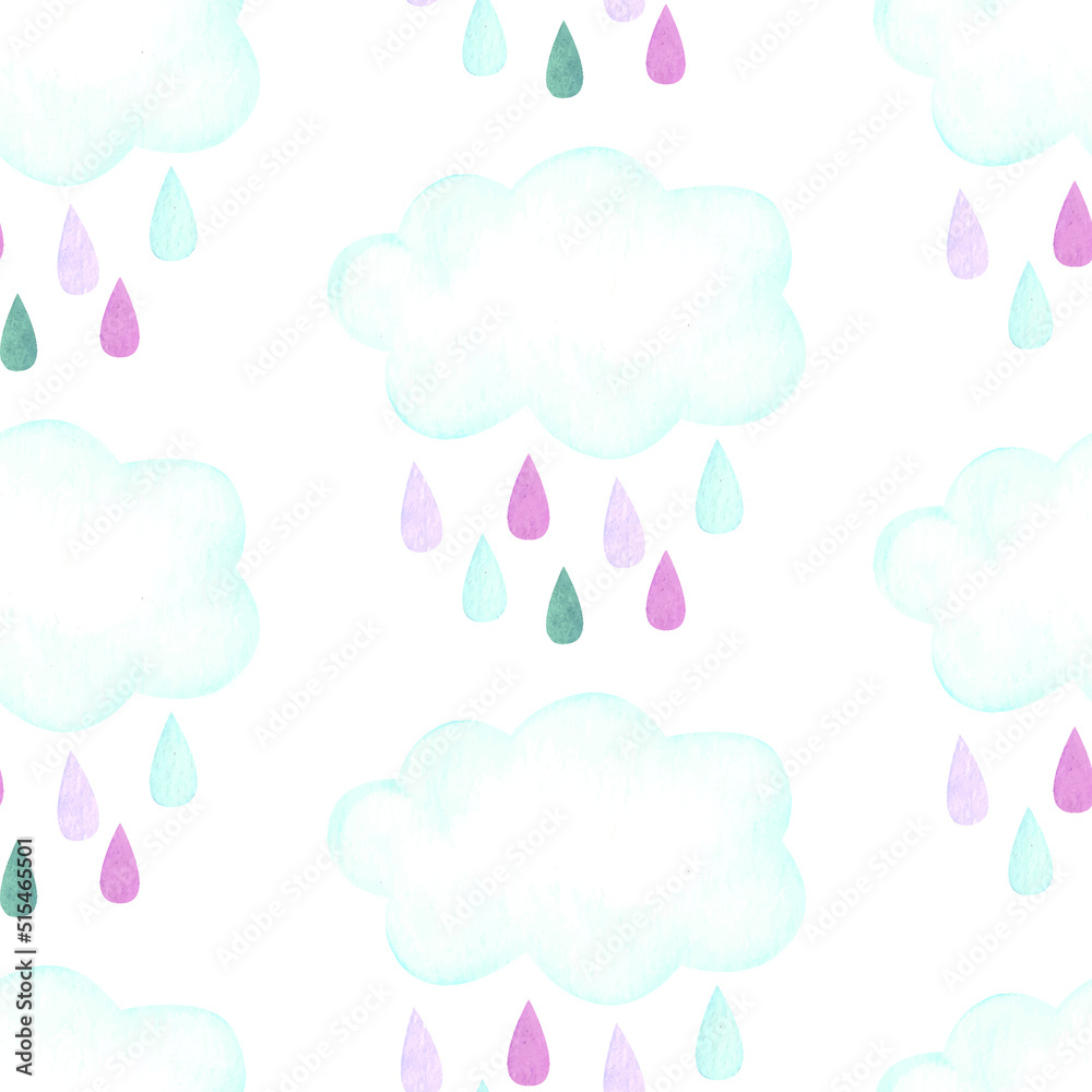 Clouds and rain nursery baby shower watercolor seamless pattern background for fabric, wallpaper, wrapping paper.