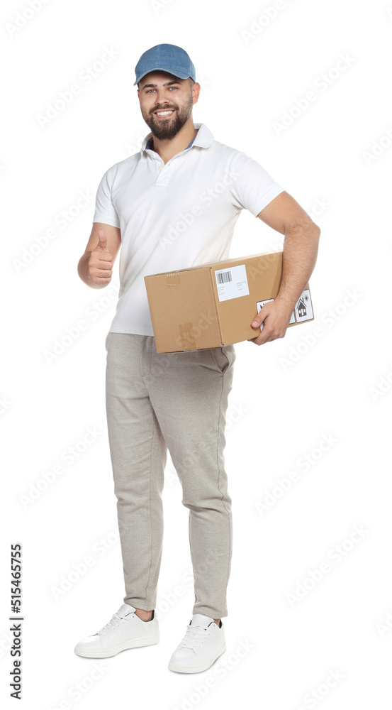 Courier holding cardboard box on white background Courier holding cardboard box on white background