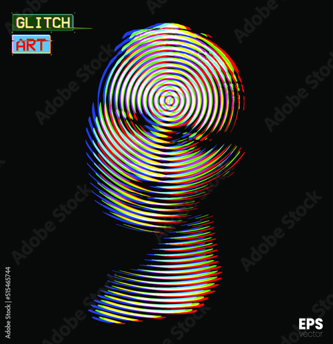 Glitch Art. Vector glitch corrupted RGB color mode offset illustration from 3D rendering of female classical head sculpture in circle halftone style isolated on black background.