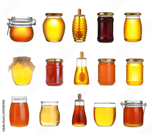 Set with tasty natural honey on white background