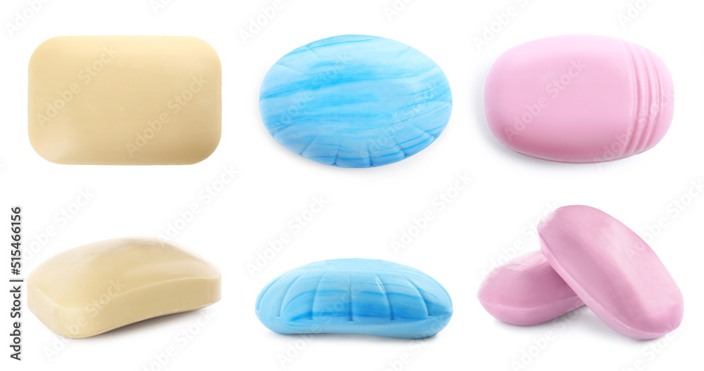 Set with different soap bars on white background Set with different soap bars on white background