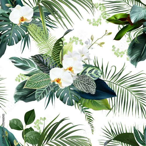 Fototapeta Tropical greenery print with exotic palm leaves, white orchid, monstera