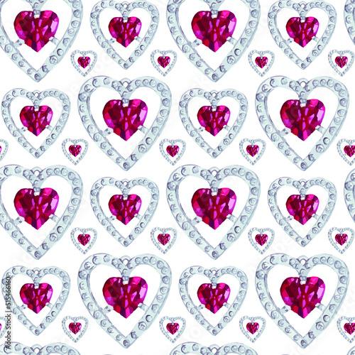 Heart-shaped ruby gem jewellery  watercolor seamless pattern.