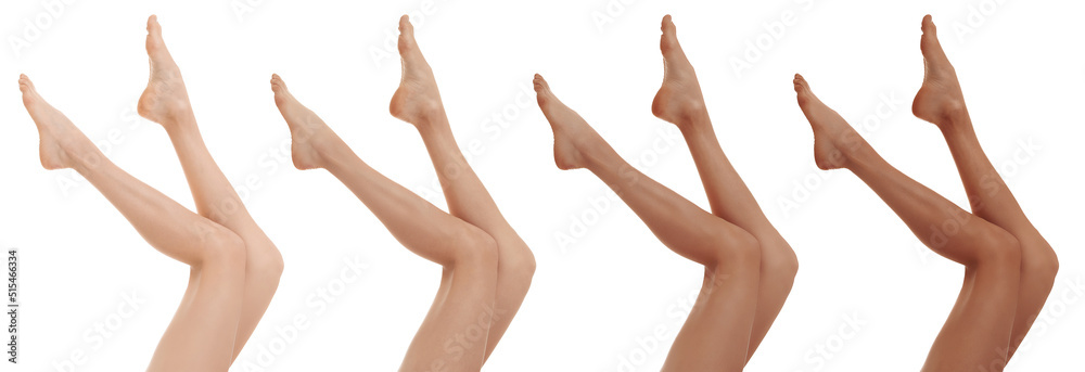 Collage with photos of women with smooth silky skin after epilation, closeup view of legs. Banner design