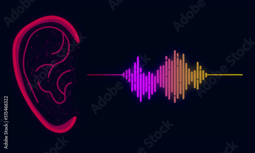 Illustration of human ear and sound wave on dark background