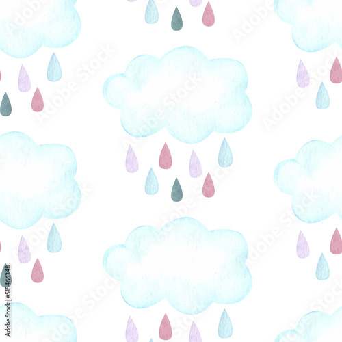 Clouds and rain nursery baby shower watercolor seamless pattern background for fabric, wallpaper, wrapping paper.