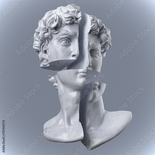 Abstract illustration from 3D rendering of white marble bust of male classical sculpture head cross cut divided and isolated on grey background.