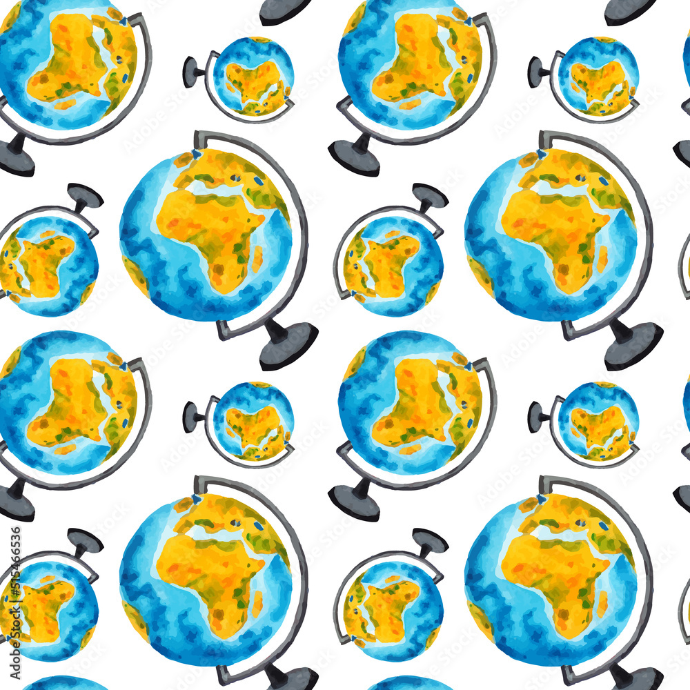 Naklejka premium Globe sphere watercolor seamless pattern. School geography teacher background.