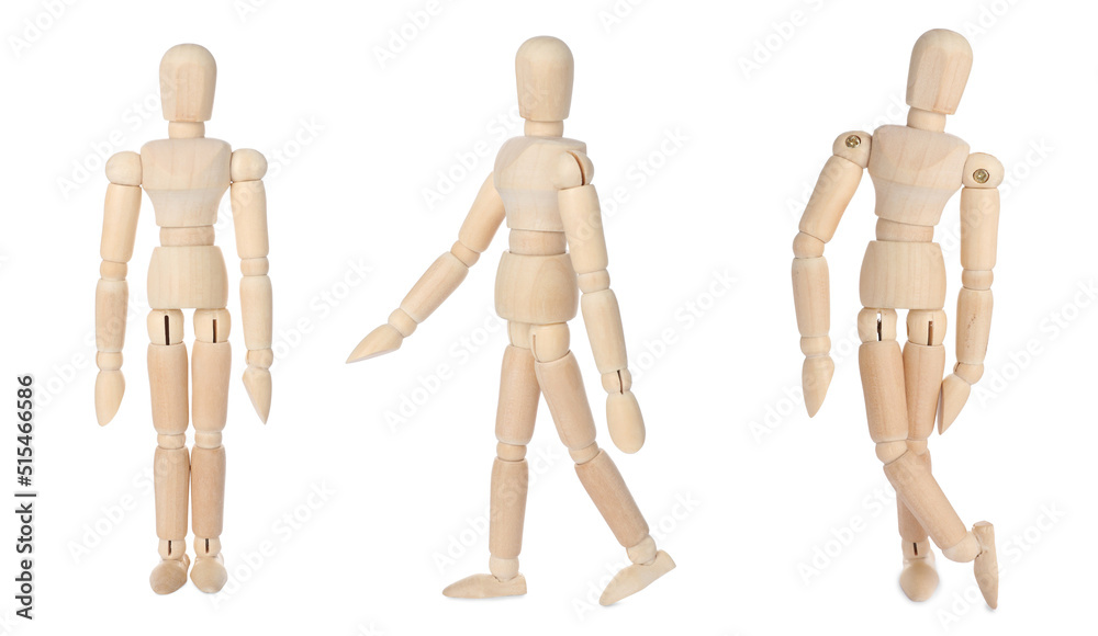 Set with wooden human models in different poses on white background Set with wooden human models in different poses on white background