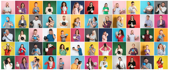 Collage with photos of people holding piggy banks on different color backgrounds. Banner design