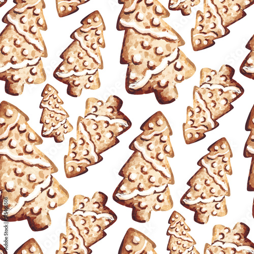 Christmas tree gingerbread cookies watercolor seamless pattern.