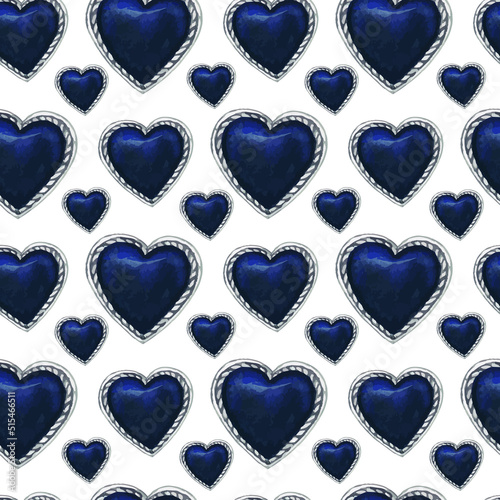 Heart-shaped jewellery blue gemstone watercolor seamless pattern.