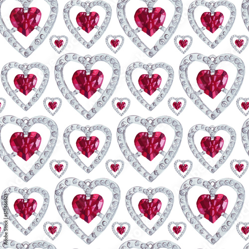 Heart-shaped ruby gem jewellery  watercolor seamless pattern.