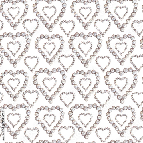 Heart-shaped jewellery and pearls watercolor seamless pattern.