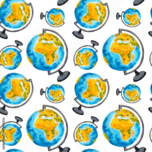 Globe sphere watercolor seamless pattern. School geography teacher background.