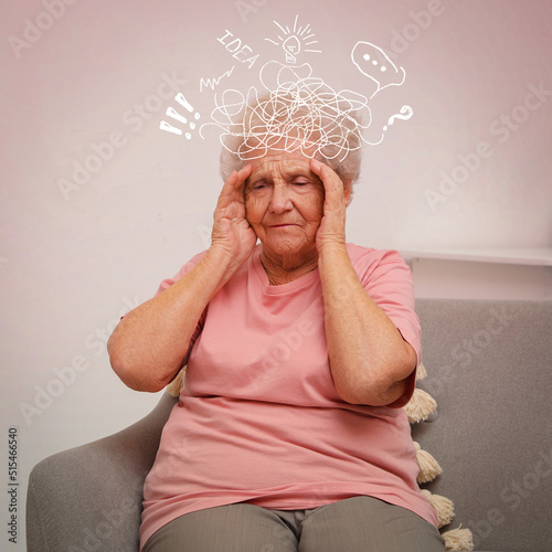 Elderly woman suffering from dementia at home. Illustration of messy thoughts during cognitive impairment