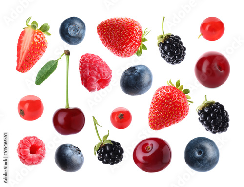 Set with different ripe berries on white background